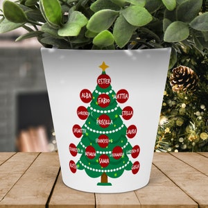 Vasetto portapianta natalizio personalizzato per la Maestra con disegni di albero di natale con nomi dei bimbi dedica e nome per la Maestra