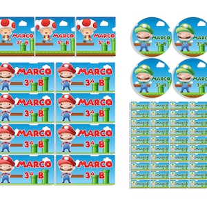 Set di etichette adesive scolastiche idraulico mario e luigi fratelli videogioco personalizzate con nome per matite penne quaderni libri