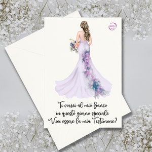 Biglietto personalizzato con disegno di sposa richiesta Damigella Testimone Invito con busta bianca idea nozze matrimonio proposta testimone