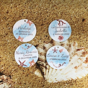 20 cartellini tag tema mare bigliettini tondi personalizzati bomboniere segnaposto cerimonie matrimonio comunione battesimo nozze argento