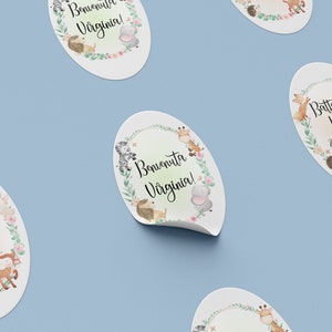 15 adesivi stickers ovali personalizzati nomi disegni animali foresta bomboniere segnaposto cerimonie comunione battesimo nascita compleanno