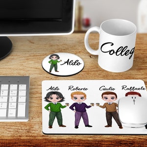 Set da scrivania regalo per amici colleghi di lavoro composto da tappetino per mouse tazza mug e sottobicchiere personalizzati con nomi
