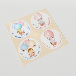 20 adesivi sticker rotondi con mongolfiere e animali per bomboniere, segnaposto, battesimo, nascita, compleanno, baby shower, 4 cm diametro