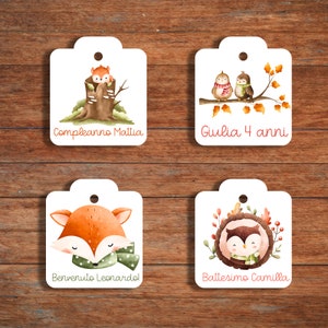18 Cartellini Tag Bigliettini con Animali del Bosco Personalizzati con Frase, per Bomboniere, Ricordino, Segnaposto, Compleanno, Battesimo
