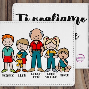 Portafoglio personalizzato per nonno, in poliestere, 12 x 9,5 cm chiuso, con caricatura di nonno e nipoti, frase personalizzata regalo nonni