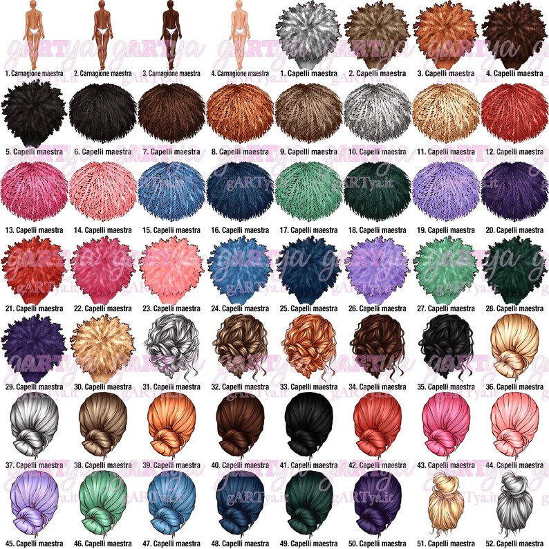 May include: A digital illustration featuring a selection of hairstyles and skin tones. The image includes various hair colors and styles, along with different skin tones, labeled with numbers and Italian text.