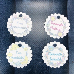 12 cartellini tag bigliettini personalizzati disegno a scelta per bomboniere segnaposto ricordino babyshower battesimo nascita