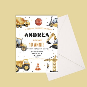 Set da 10 inviti con busta tema ruspe camion gru bambini personalizzati 13x18 per compleanno partecipazione party kit busta bianca cantiere
