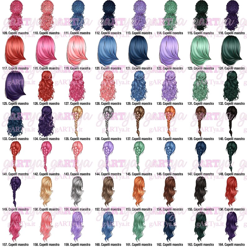 May include: A collection of 56 illustrations of various hairstyles, each labeled with a number and the text "Capelli maestra". The hairstyles include short, long, wavy, and braided styles in a variety of colors.