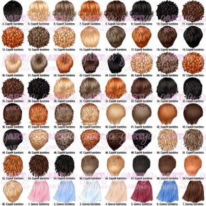 May include: A collection of 60 different hair styles and 7 skirt styles for children, each labeled with a number and the words "Capelli bambino" or "Gonna bambina". The hair styles vary in color and texture.
