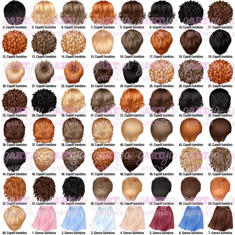 May include: A collection of 60 different hair styles and 7 skirt styles for children, each labeled with a number and the words "Capelli bambino" or "Gonna bambina". The hair styles vary in color and texture.