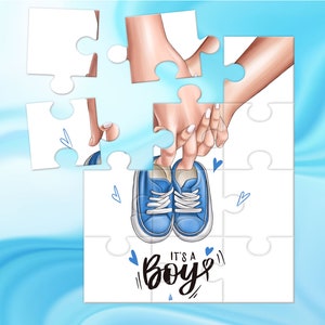 Maschio o femmina? Annuncio gravidanza o sesso del nascituro Piccolo Puzzle personalizzato marito parenti nonni con frase baby shower