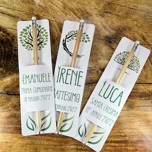 Segnalibro con matita classica 12 pezzi Albero della Vita cartoncino personalizzato con nome frase e data per Battesimo Comunione Cresima