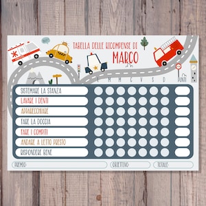 Tabella delle ricompense per bambini Autovetture autoveicoli camion macchinine personalizzato con nome 1 poster 100 adesivi 7 azioni e premi