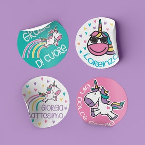 20 adesivi stickers tondi personalizzati con simpatici unicorni per bomboniere segnaposto battesimo nascita baby shower scuola