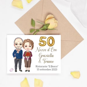 Set da 10 inviti con busta kraft Nozze D’oro 13x18 per Anniversario 50 anni con ritratto caricaturale ricordo partecipazione invito