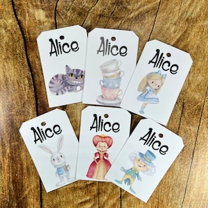 12 cartellini tag bigliettini Alice nel paese delle meraviglie compleanno bambini personalizzati bomboniere ricordino regalo fine festa