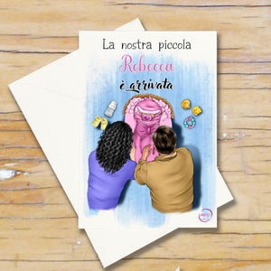 Biglietto personalizzato annuncio neonato disegno di coppia con busta bianca idea per nonni papà zii parenti per nuova nascita