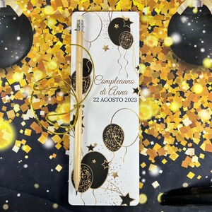 Segnalibro con matita classica o piantabile 10 pezzi Compleanno palloncini nero oro cartoncino personalizzato nome compleanno anniversario