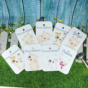 10 cartellini tag biglietti gattini personalizzati bomboniere segnaposto battesimo nascita babyshower compleanno cresima comunione