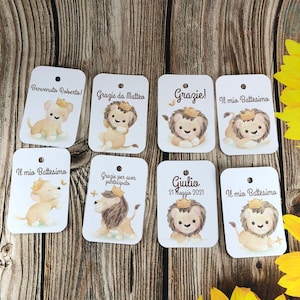 10 cartellini tag biglietti leoncino re leone personalizzati bomboniere segnaposto battesimo nascita babyshower compleanno cresima comunione