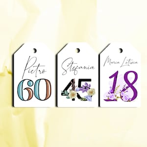 12 cartellini tag bigliettini per compleanno adulti 18-99 anni personalizzati numero anni bomboniere ricordino regalo fine festa segnaposto