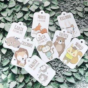 10 cartellini tag bigliettini animali bosco personalizzati bomboniere segnaposto cerimonie battesimo nascita baby shower cresima comunione