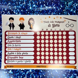 Tabella delle ricompense per bambini a tema Piccolo Mago Scuola di Magia personalizzato con nome 1 poster 100 adesivi