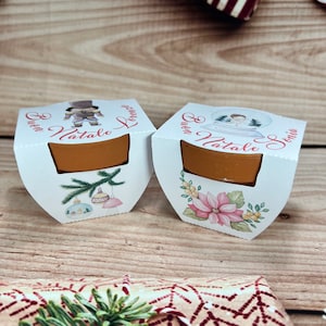 Può includere: Due scatole di cartone bianche con un design natalizio festoso. Ogni scatola presenta un piccolo vaso di terracotta con un'illustrazione a tema natalizio. Il testo sulle scatole recita "Buon Natale" in lettere rosse.