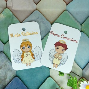 10 cartellini tag biglietti angeli personalizzati bomboniere segnaposto battesimo nascita babyshower compleanno cresima comunione