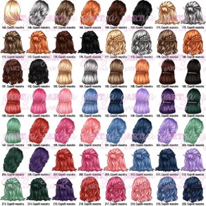 May include: A collection of illustrated hairstyles in various colors, including blonde, brown, black, and pink. Each style is labeled with a number and the text "Capelli maestra". The image showcases a variety of up-dos, braids, and loose styles.