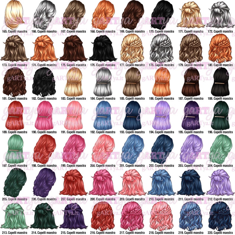 May include: A collection of illustrated hairstyles in various colors, including blonde, brown, black, and pink. Each style is labeled with a number and the text "Capelli maestra". The image showcases a variety of up-dos, braids, and loose styles.