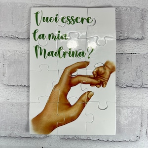 Vuoi essere la mia madrina? Piccolo Puzzle personalizzato per la madrina di battesimo disegno mani e frase personalizzata