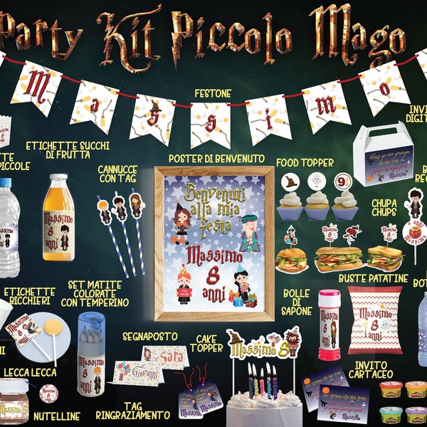 Party Kit a tema Piccolo Mago, personalizzabile, tag, invito, patatine, nutelline, cioccolatini, etichette, topper, festone