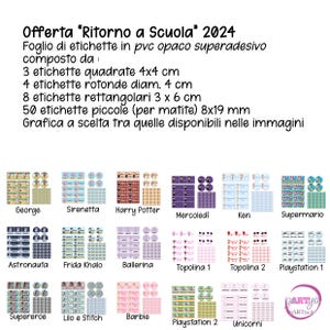 Offerta “Ritorno a Scuola” 2024 etichette personalizzate scolastiche 1 o più fogli personaggi o disegno a scelta quaderni libri matite penne