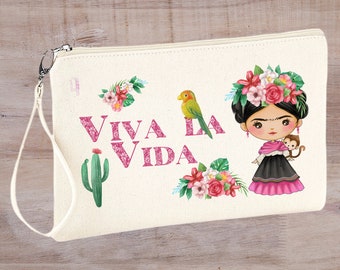 Pochette bustina astuccio personalizzato ragazza messicana viva la vida disegno frase nome personalizzato cactus scimmia pappagallo pittrice