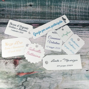 20 cartellini tag bigliettini personalizzati stampati 8 forme bomboniere cerimonie battesimo cresima comunione matrimonio nozze compleanno