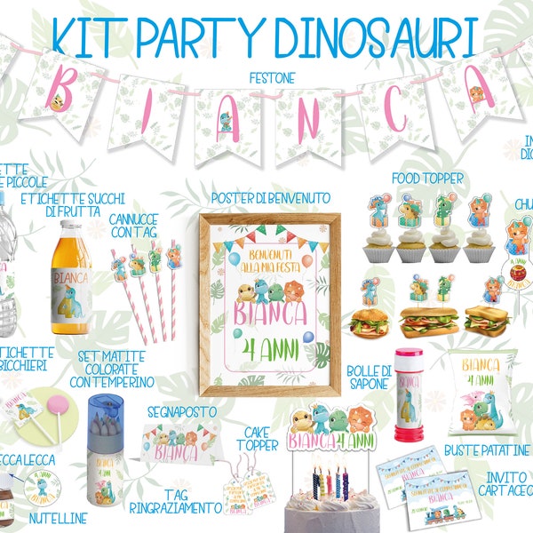 Party Kit a tema Dinosauri, personalizzabile, tag, invito, patatine, nutelline, cioccolatini, etichette, topper, festone, poster, sacchetti