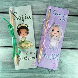 Segnalibro con matita classica 10 pezzi principesse delle fiabe cartoncino personalizzato con frase compleanno battesimo comunione nascita