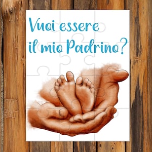 Vuoi essere il mio padrino? Piccolo Puzzle personalizzato per il padrino di battesimo disegno piedini e mani e frase personalizzata