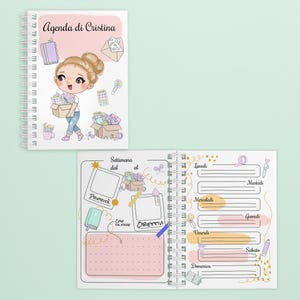 Agenda personalizzata con nome – Planner settimanale perpetuo A5 – Regalo per amica sorella mamma – Disegno di ragazza – 54 pagine