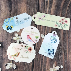 Fiori Farfalle Uccelli 10 tag bigliettini personalizzati 5 forme bomboniere cerimonie matrimonio comunione cresima battesimo segnaposto