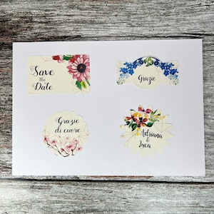 10 adesivi stickers motivi floreali personalizzati carta vergata avorio bomboniere segnaposto matrimonio comunione battesimo nozze argento