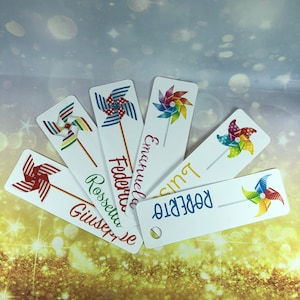 6 cartellini tag biglietti Girandole personalizzati bomboniere segnaposto battesimo nascita babyshower compleanno cresima comunione