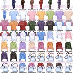 May include: A collection of illustrations featuring various clothing items, including jeans, t-shirts, hoodies, and sandals. The color palette includes a range of hues, from light blue to dark brown, with text labels.