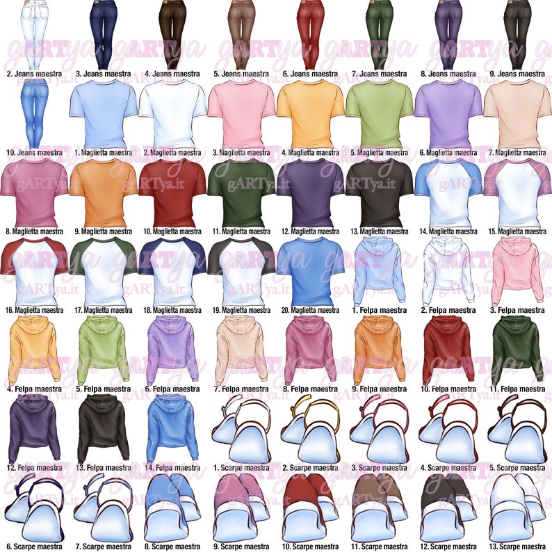 May include: A collection of illustrations featuring various clothing items, including jeans, t-shirts, hoodies, and sandals. The color palette includes a range of hues, from light blue to dark brown, with text labels.