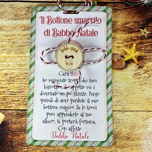 Bottone smarrito di Babbo Natale con biglietto personalizzato per bambino o bambina con cordoncino decorazione natalizia vigilia di Natale