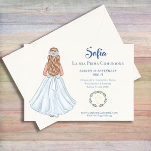 Set da 10 inviti con busta comunione bambina personalizzati 13x18 per comunione cresima bambine abito capelli carnagione personalizzati