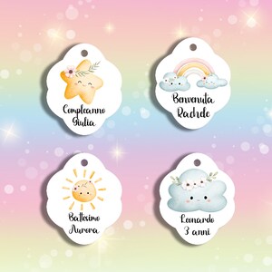 18 cartellini tag bigliettini arcobaleno sole stelle luna nuvole boho personalizzati  bomboniere ricordino segnaposto compleanno battesimo