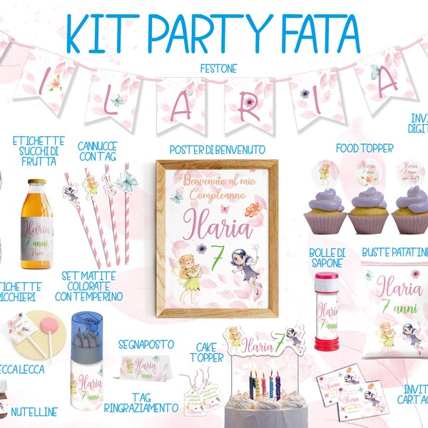 Party Kit compleanno a tema Fate, personalizzabile, tag, invito, patatine, nutelline, cioccolatini, etichette, topper, festone fatine